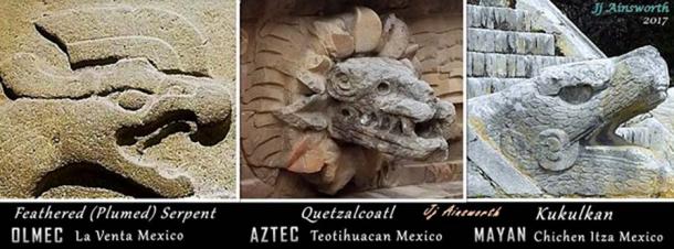 Feathered / Plumed Serpent transition over time from Olmec, to Aztec, to Maya.