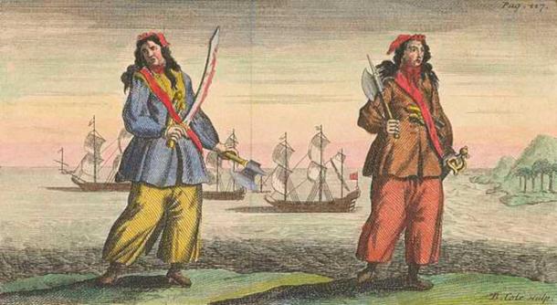 Female Pirates Anne Bonny and Mary Read by Benjamin Cole. (Copper engraving coloured, from Defoe, Daniel; Johnson, Charles (1724) A General History of the Robberies and Murders of the Most Notorious Pyrates) (Public Domain)