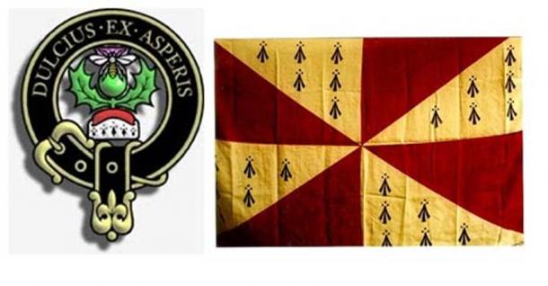 Left; Ferguson crest, one of many Dál Riata R1b-L513 families.  Note Veneti symbols at the base of the crown. Right; Dalriada flag represented in both Clans Campbell and MacMhathain (Matheson) [both R1b-L513]. 