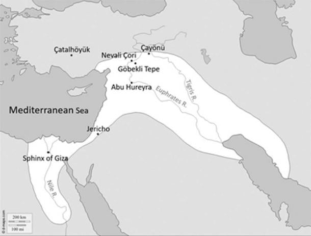 O 'Crescente Fértil' no início do período neolítico, incorporando o Nilo Egípcio, o Levante, o sul da Anatólia e a Mesopotâmia. (Imagem: Martin Sweatman)