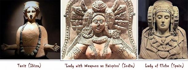 Fertile Femme Fatales. Left is Tanit, middle is the Indian goddess from Chandraketugarh and right the Lady of Elche, showing the similarity with all deities. (Provided by the author)