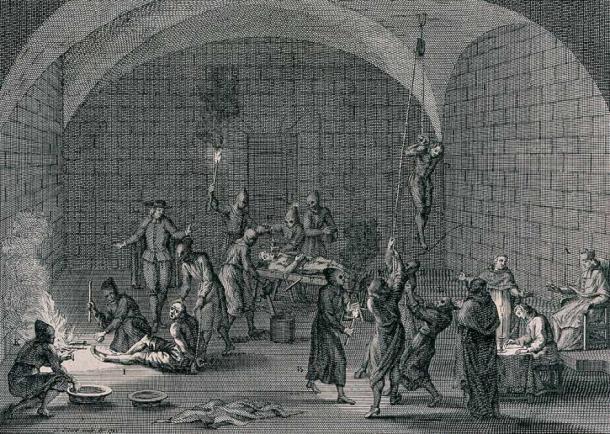 Fictitious image of a supposed inquisitorial torture chamber during the Spanish Inquisition. The 18th century engravings of Bernard Picart were part of the black legend created around stories about the Spanish Inquisition. (Public domain)