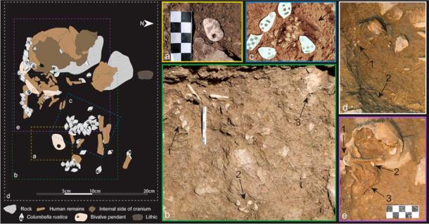 Fotografías de campo que ilustran adornos de portabebés tal como fueron excavados durante el entierro ritual del bebé. (Revista de Método y Teoría Arqueológica / CC BY 4.0)