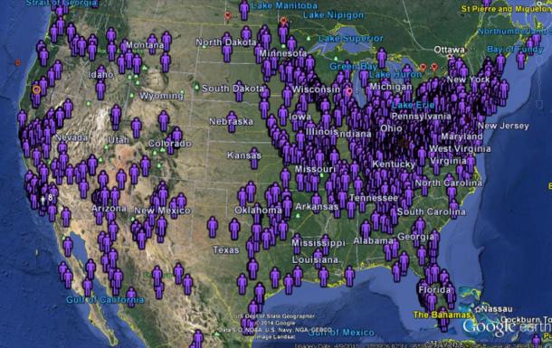 Figure 1: Map of giant reports in North America. Created by Cee Hall.