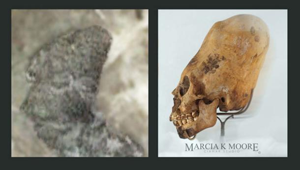Figure 3(a) (left) – a strange, almost alien-like humanoid, similar to the elongated skull shown in Figure 3(b) (right). (Author provided) The photograph of the elongated skull, Fig. 3(b) is reproduced with the kind permission of Fine Arts and Facial Reconstruction Artist, Marcia K Moore, Ciamar Studio, USA. Her skeletal silhouette is used as a comparison piece with the unique sculpture discovered on Mariambo Island, Figure 3(a).