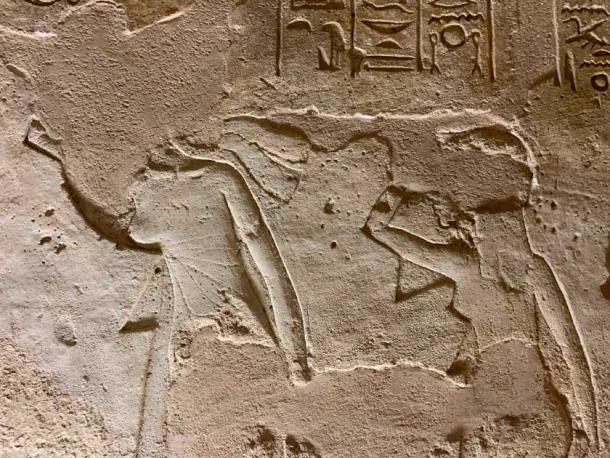 Close-up of Figure 5, showing Nefertiti (left) and her eldest daughter, Meritaten. They are clearly in mourning, since they are putting dirt to their heads in the Egyptian manner to show their grief. Author’s own photo.
