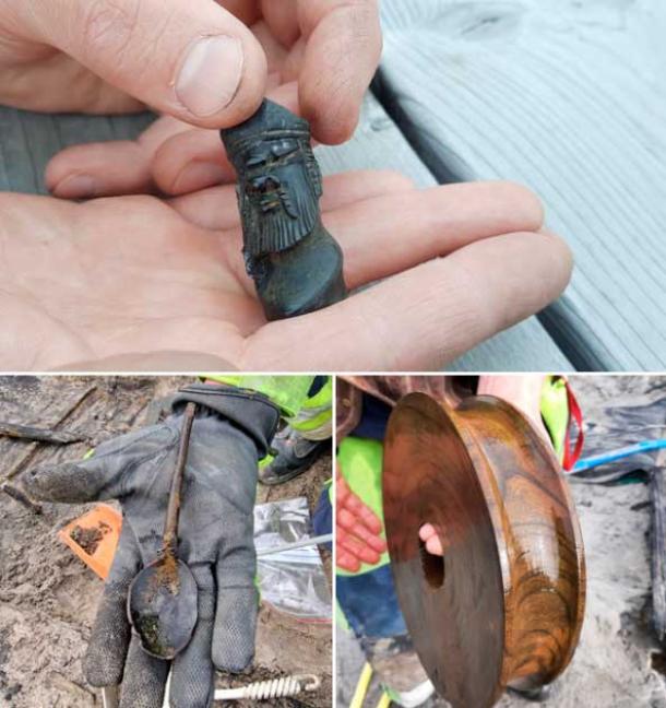 Figurine, wooden spoon, and sheave recovered from the cogs. (Arkeologerna)