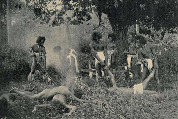 A re-enactment of a cannibalism during a feast in Fiji in 1869. (Public domain)
