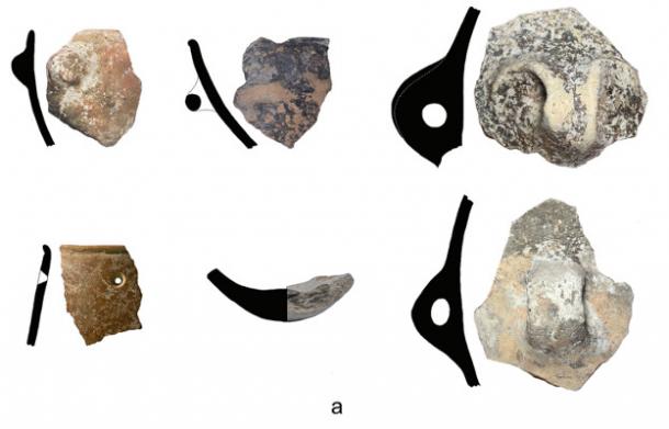 Final Neolithic pottery from Oued Beht: a) buff fabric bowls, jar (with post-firing hole), large tunnel lugs and round base.