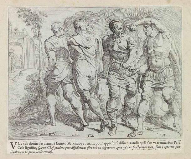 Finally, in Books XIII–XXIV, the poem's second half, Odysseus returns to Ithaca, where he encounters unexpected hurdles and danger. In this engraving by Theodore van Thulden, Odysseus gives his weapons to Eumaeus, his trusty swineherd. (Rijksmuseum / CC0 1.0)