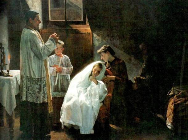 The First and Last Communion, an 1888 painting of a TB victim’s last rites, by Cristobal Rojas 