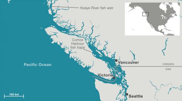 Las trampas para peces y las presas de pesca de los miembros de la Primera Nación K'ómoks en la isla de Vancouver y sus alrededores. (OpenStreetMap a través de ArcGIS / Revista Hakai)