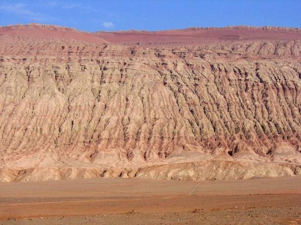 The red Flaming Mountains of the Turpan Basin, northwestern China. 