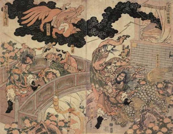 Fleeing fox spirit - Using an Ofuda the Onmyōji expelled the Kitsune. (Tobosha / Public Domain)