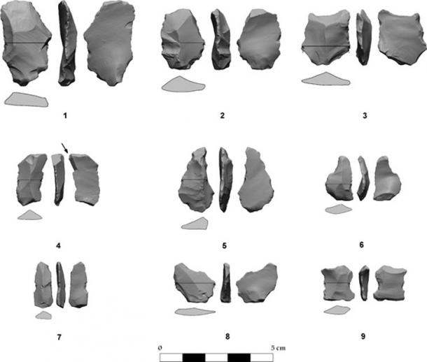 Flint tools found at the site: 1–3 retouched tools; 4 burin; 5–6 awls; 7–9 notched tools.