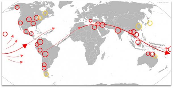 Flood Myth Locations (Circled) with suggested ground Track-Tidal Wave Path. (Author provided)
