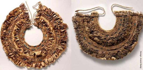 Floral collars recovered from KV54, Tutankhamun’s embalming cache, were made up of an array of flowers and materials such as: Papyrus, olive leaves, persea leaves, cornflowers, blue lotus petals, Picris flowers, nightshade berries, faience and linen. Davis/Ayrton excavations, 1907. (Metropolitan Museum of Art, New York)