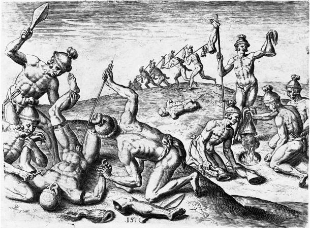Jacques le Moyne de Morgues reported mutilation of bodies by Florida Indians in the 16th century, including cutting off arms and legs