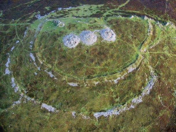 Foel Drygarn Hillfort, a late Bronze Age/early Iron Age hillfort in the Preseli Hills with three bluestone cairns at the summit. 