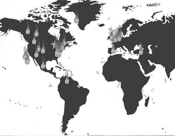 (Image copyright © Dustin Naef). Mount Shasta's Forgotten History & Legends, 2016. “This is a map based on a group of scientists who are studying what they believe to be the traces of comet impacts found around the world. These impact sites only represent what has been found to date, and do not reflect the full extent of the boundary of the comet's trajectory.”