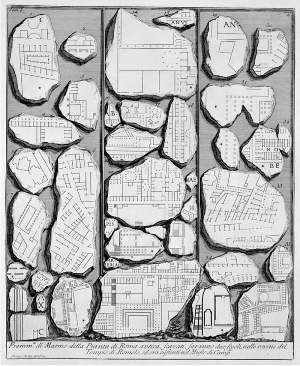 Some fragments of the Forma Urbis Romae in an engraving by Giovanni Battista Piranesi, 1756