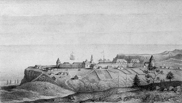 A view of Fort Ross, 1828, by Duhaut-Cilly, from the archives of the Fort Ross Historical Society. (A. B. Duhaut-Cilly / Public Domain)