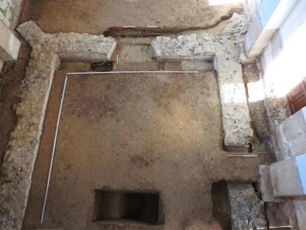 Foundations of Renaissance church under the floor of the Obišovce church, where the coin hoard was found. (KPÚ Košice)