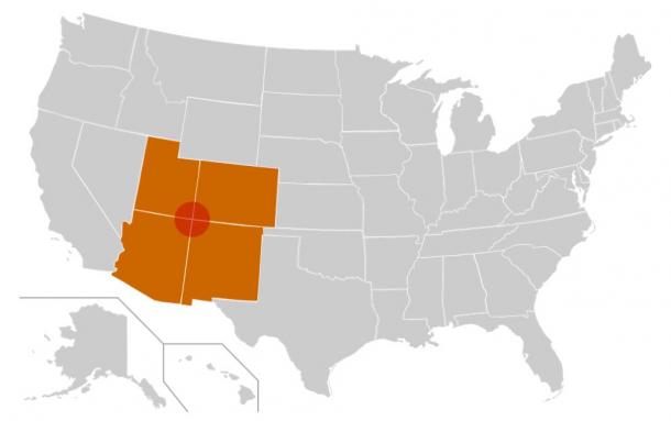 The Four Corners region is the red circle in this map. The four corners states – Colorado, Utah, Arizona, New Mexico, USA—are highlighted in orange. 