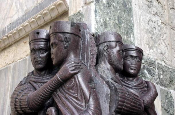 A portion of the sculpture, “Portrait of the Four Tetrarchs,” made of Imperial porphyry around A.D. 300, depicted four Roman emperors. It is currently located on the facade of St. Mark’s Basilica in Venice, Italy. 