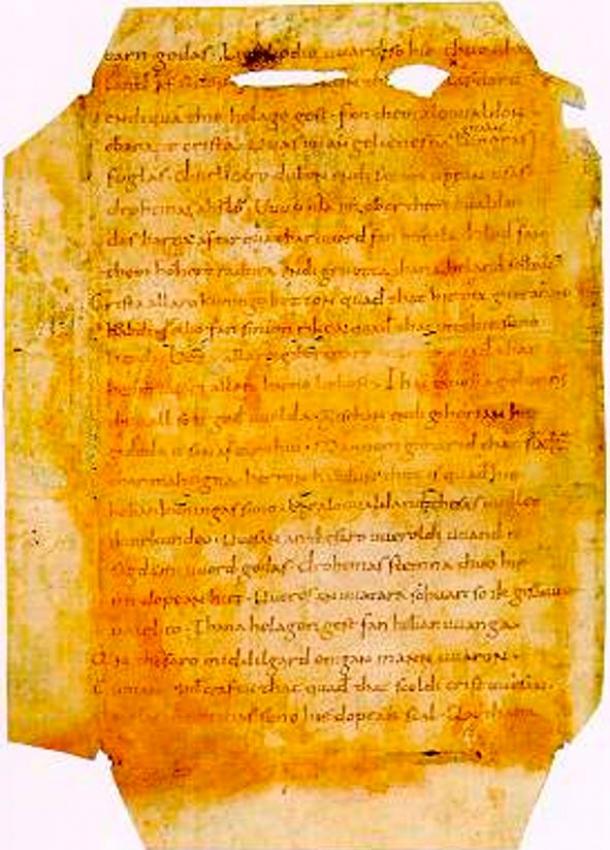 This is an excerpt, from Fragment P, of the Heliand from the German Historical Museum.