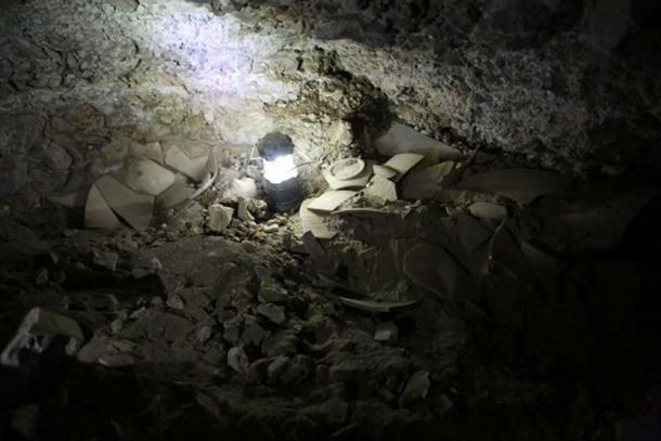 Fragments of shattered jars believed to have contained stolen Dead Sea scrolls, found in cave 12 near Qumran.
