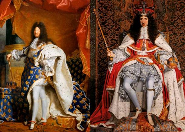 Luis XIV de Francia por Hyacinthe Rigaud en 1701, con sus famosos tacones rojos, a la izquierda. (Dominio público) Carlos II de Inglaterra con su túnica de coronación y tacones altos, por John Michael Wright alrededor de 1661, a la derecha. (Dominio publico)