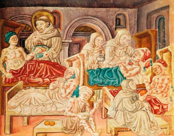 St. Francis of Assisi and others treating victims of leprosy, from La Franceschina, a chronicle of the Order by Franciscan Jacopo Oddi of Perugia, circa 1474. His exposure to the disease may have led to his supposedly divine visions. (Public Domain)