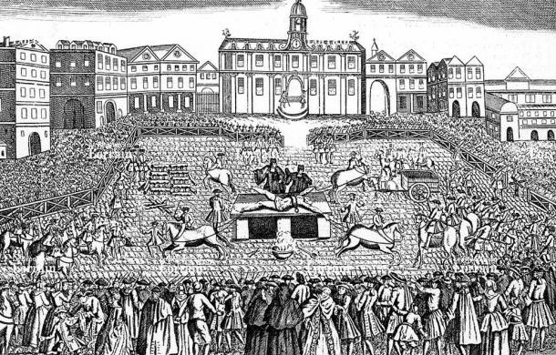 Robert Francois Damiens was sentenced to execution but not the standard death penalty execution style as you can see and hopefully not imagine. An etching by an unknown author. (Public domain)