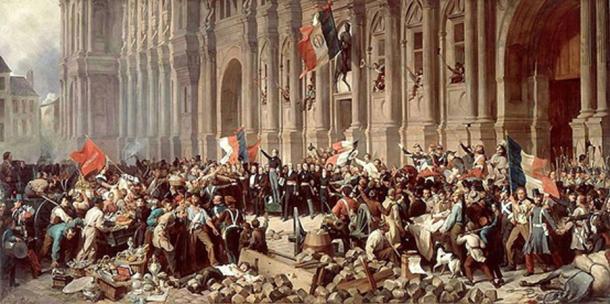 During the French Revolution, the National Assembly was divided into supporters of the king and supporters of the revolution. ‘Lamartine in front of the Town Hall of Paris rejects the red flag on 25 February 1848’ 
