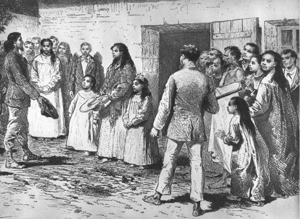 French explorer Alphonse Pinart, onetime husband of Zelia Nuttall, is introduced to the Queen of Easter Island in 1877. Drawing by Émile Bayard (1837-1891).