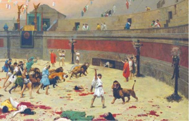French painter Jean-Léon Gérôme depicted gladiators fighting beasts in a 1902 painting.