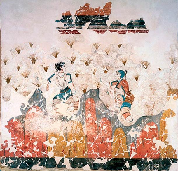 Fresco of saffron gatherers from the Bronze Age excavations in Akrotiri on the island of Santorini, Greece