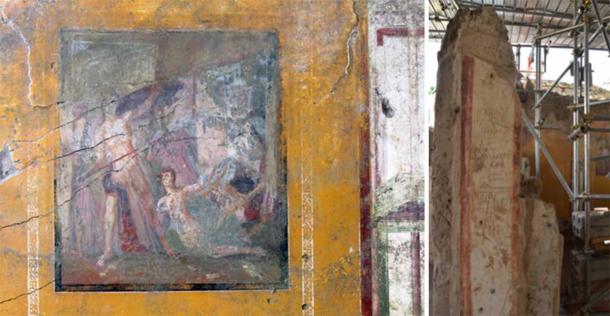 Left; Fresco of Achilles and Syrus on the wall. Right; Roman tally marks on the wall. (Pompeii Sites)