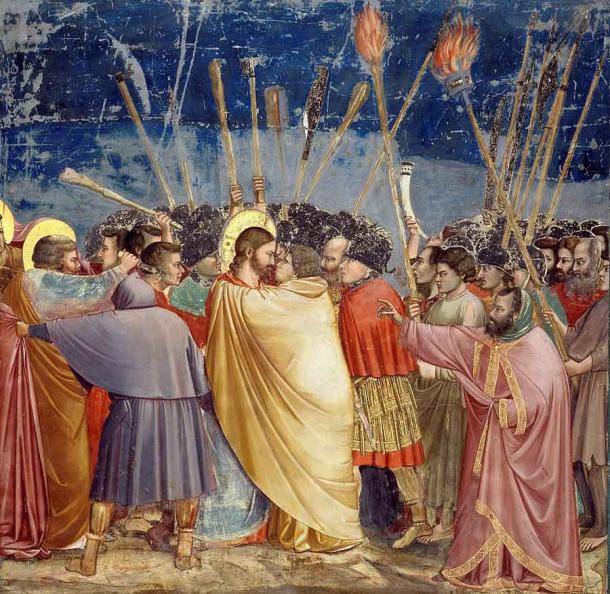 Fresco by Giotto di Bondone depicting the arrest of Christ and the kiss of Judas. (Public domain)