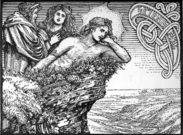 Njörðr, Skaði, and Freyr as depicted in The Lovesickness of Frey (1908) by W. G. Collingwood. 