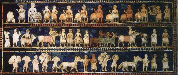 From the royal tombs of Ur, the Standard of Ur mosaic, made of lapis lazuli and shell, shows peacetime.