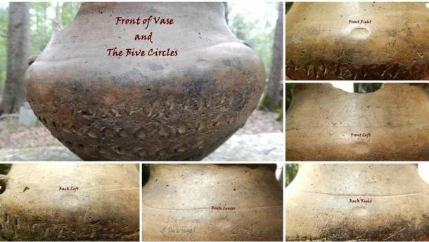 Front of vase and the five circles.