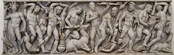 Front panel from a sarcophagus with the Labours of Heracles: from left to right, the Nemean Lion, the Lernaean Hydra, the Erymanthian Boar, the Ceryneian Hind, the Stymphalian birds, the Girdle of Hippolyta, the Augean stables, the Cretan Bull and the Mares of Diomedes. Luni marble, Roman artwork from the middle 3rd century AD. National Museum of Rome