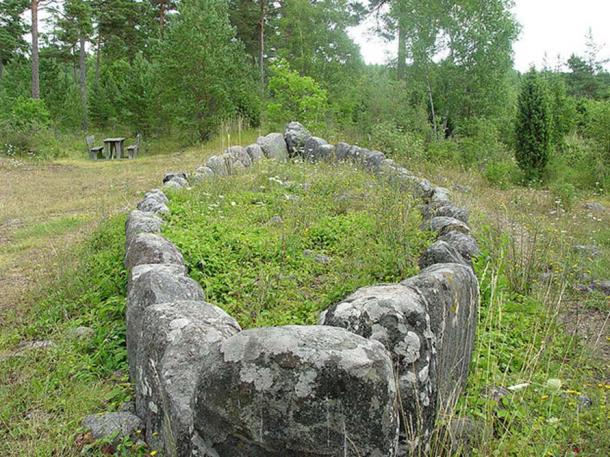 Front view of Tjelvar burial site, Island of Gotland, Sweden.