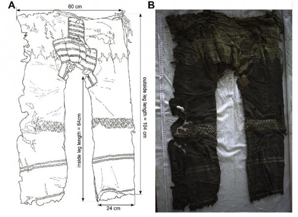 Vista frontal de los pantalones más antiguos del mundo descubiertos hasta la fecha. (M. Wagner / Cuaternario Internacional)