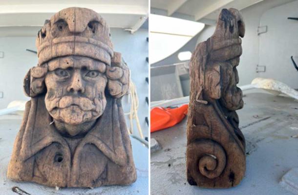 Front and side view of the well-preserved wooden ship figurehead, fished out of the sea by the shrimping crew off the coast of Texel Island in the Dutch Wadden Islands, on August 1st 2022. (Victor Ayal)