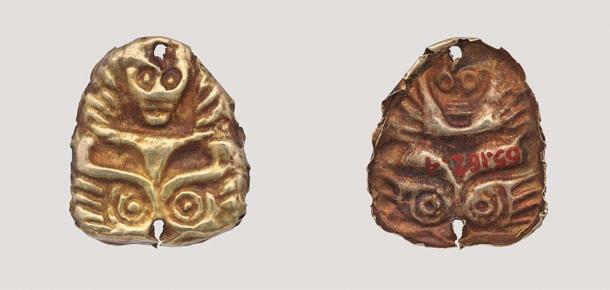 Front and back of an appliqué depicting a fantastic creature in Scythian gold. (Public domain)