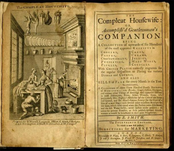 Frontispiece and Title Page of The Compleat Housewife or Accomplish'd Gentlewoman's Companion by Eliza Smith. 14th Edition, 1750. (First published 1727). (Public Domain)