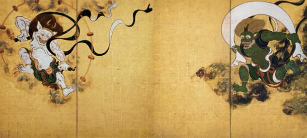 Fūjin-raijin-zu by Tawaraya Sōtatsu. Raijin is shown on the left and Fujin on the right. (Public domain)